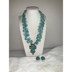 Vintage Chunky Gemstone Necklace & Earring Set With Silver Accents In Display Bo
